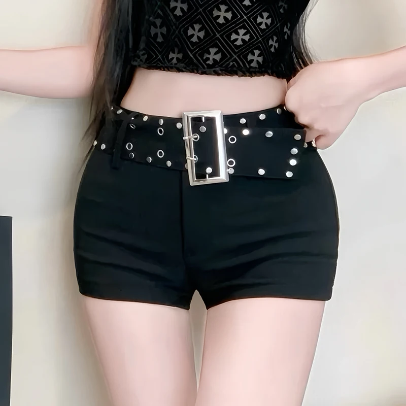 

Sexy Rivet Black Shorts Women 2025 Summer Y2k Korean Fashion High Waist Shorts Female Hot Hip Belt Streetwear Bottoms