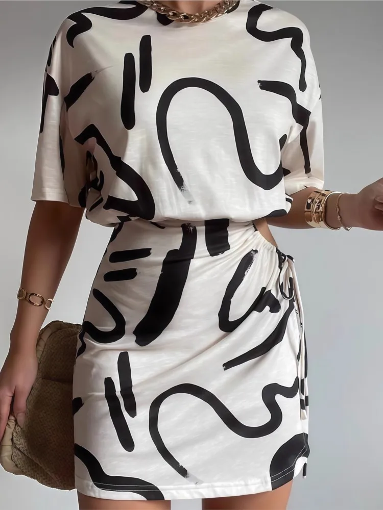 Mini abito estivo sexy moda donna elegante pullover casual Y2K partito pieghettato scava fuori abiti a maglietta con lacci a maniche corte