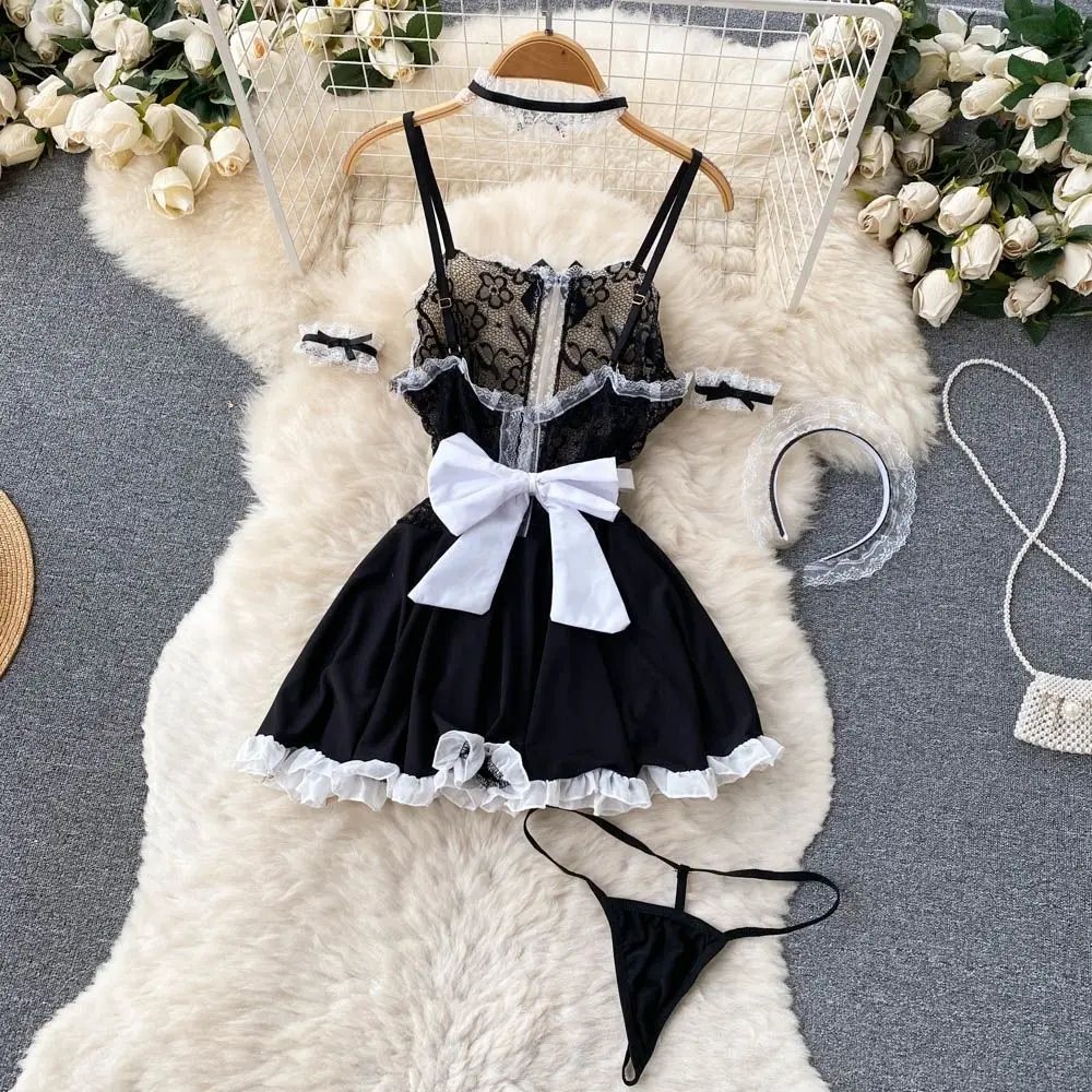 Sexy Maid Cosplay Uniform Lace Patchwork Women\'s Dress Backless Transparent Mini Skirt Apron Sensual Erotic Pajama Nightwear Hot