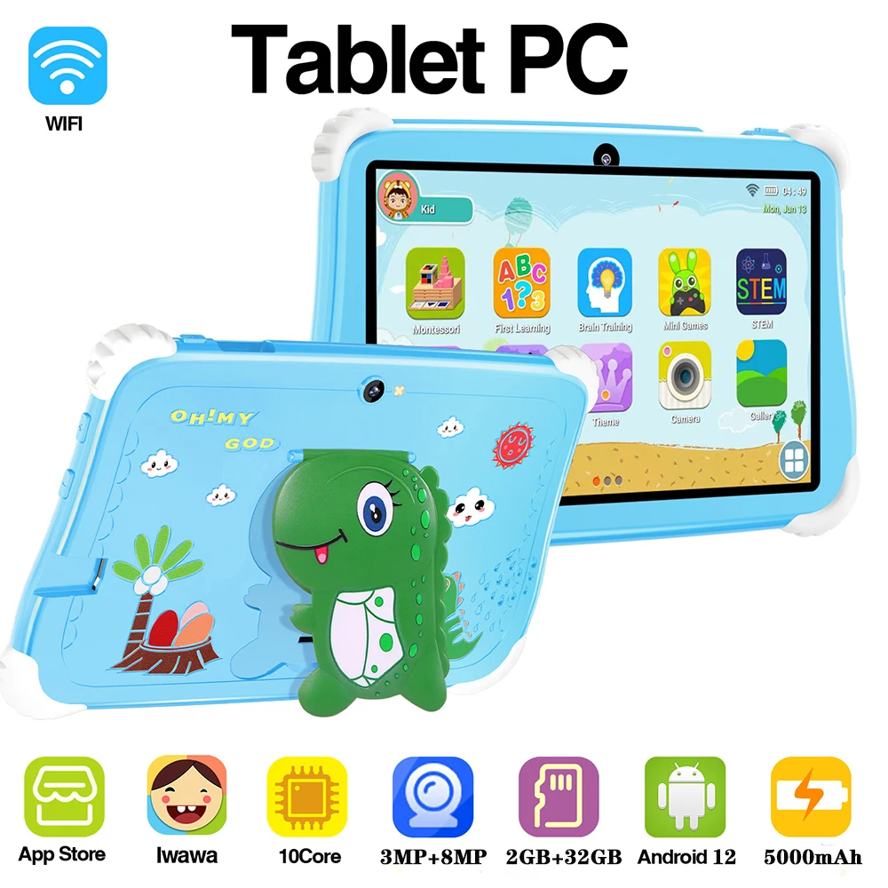 Tablet com câmera dupla para crianças, Tablet Educacional com Bluetooth, WiFi, Android 12, 7in, 2GB, 32GB