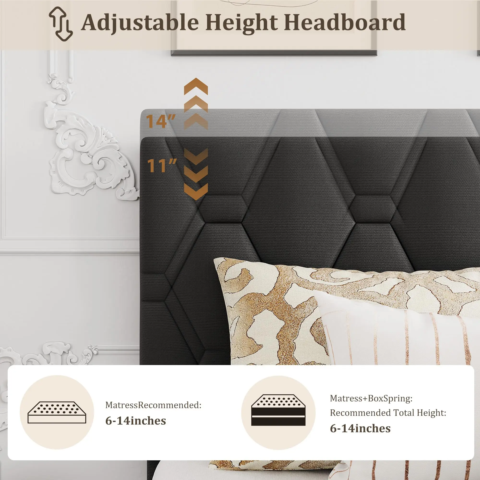 Adjustable Headboard Upholstered Platform Bed Frame - Heavy-Duty Wood Slat Support, Noise-Free, No Box Spring Needed, Easy Assembly - Full, Grey