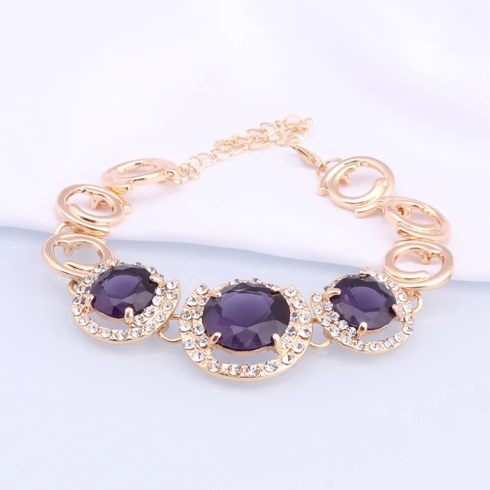 Fashion Dubai Women Gold Color Jewelry Sets Purple Necklace Earrings Bracelet Ring Sets Party Gifts