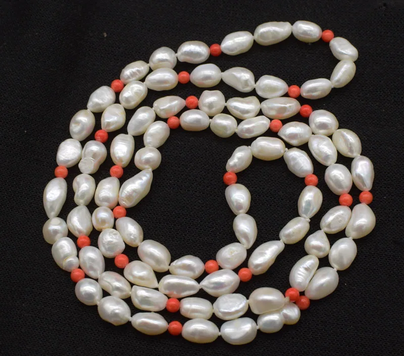 

freshwater pearl white bearouqe 8-10mm and orange coral round 4mm necklace nature 40" wholesale beads