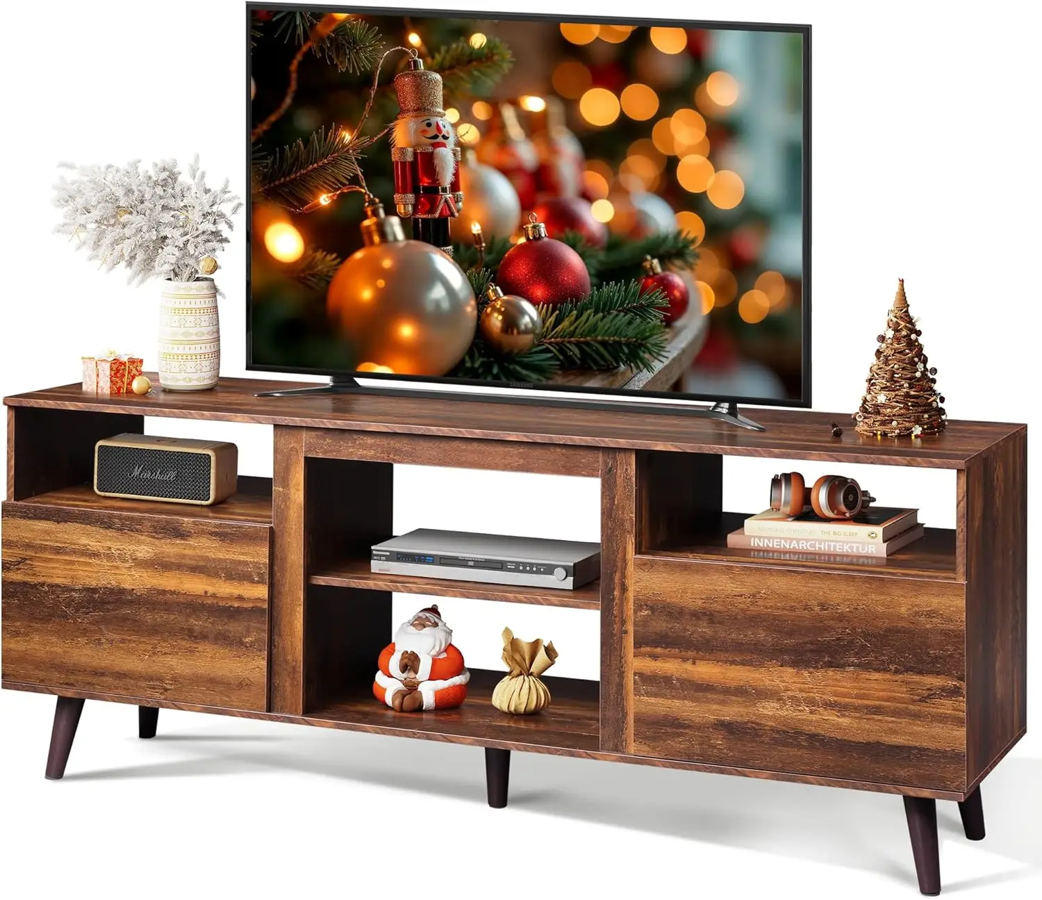 Support TV pour télévision 65 pouces, centre de divertissement 58 pouces avec 2 armoires de rangement, console multimédia pour salon, chambre et bureau