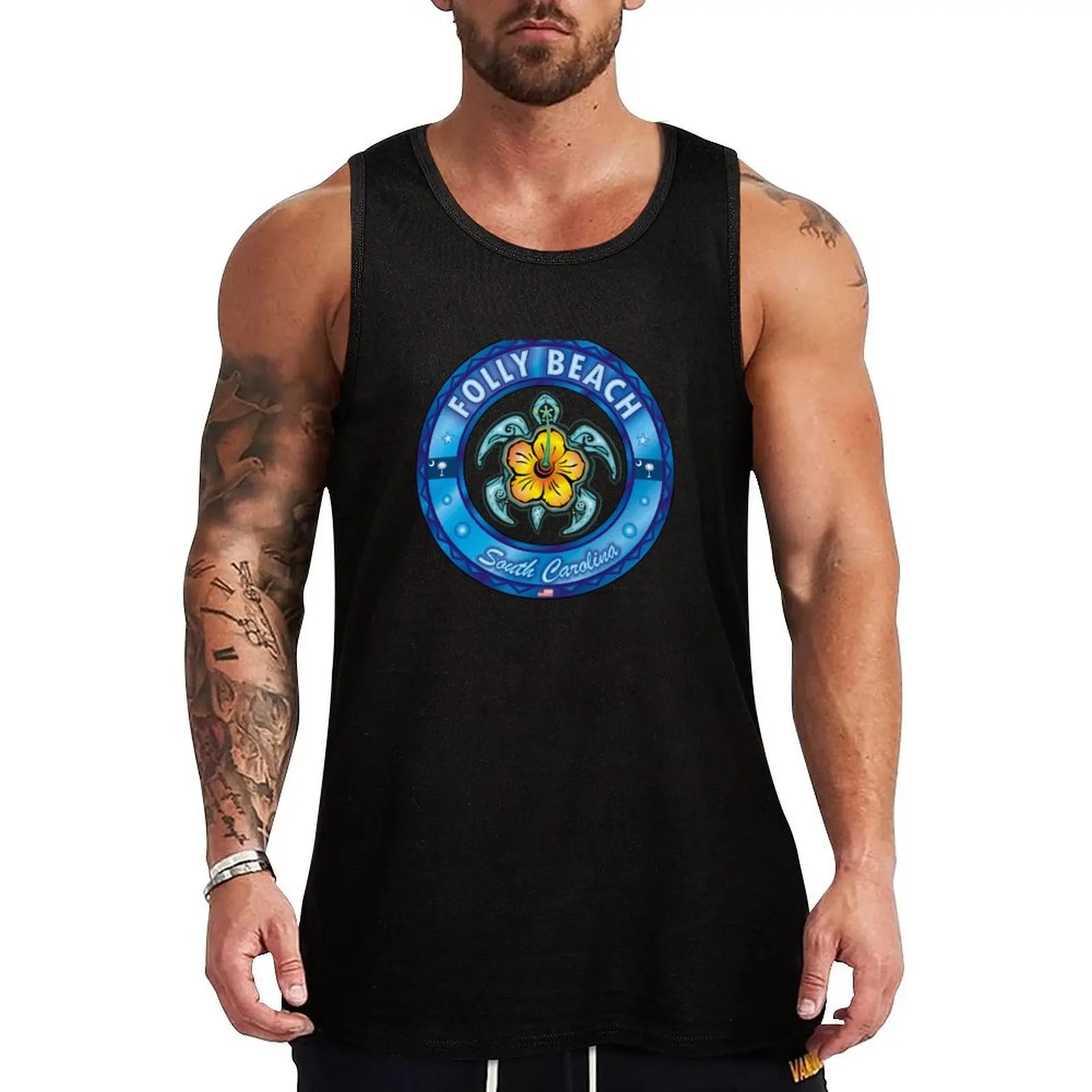 

Folly Beach sea turtle hibiscus Tank Top gym shirt men bodybuilding man Sleeveless T-shirt sports vest