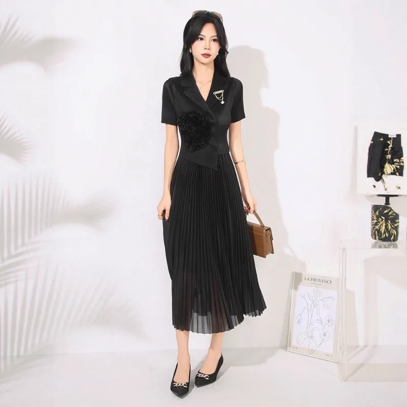 فستان نسائي صيفي بأكمام قصيرة من Miyake فستان جديد بخصر رفيع وياقة مطوية وتنورة طويلة مرنة فساتين نسائية ملابس