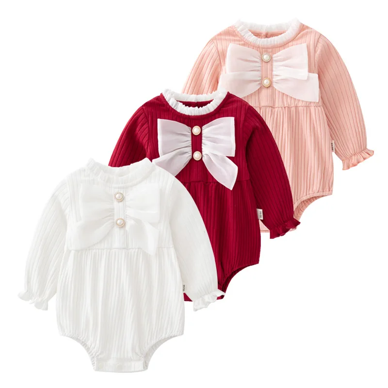 

2025 Spring Baby Girls Rompers Pearls Button Knotbow Solid Long Sleeve Cotton Infant Girls Bodysuit Newborn Girls Outfits