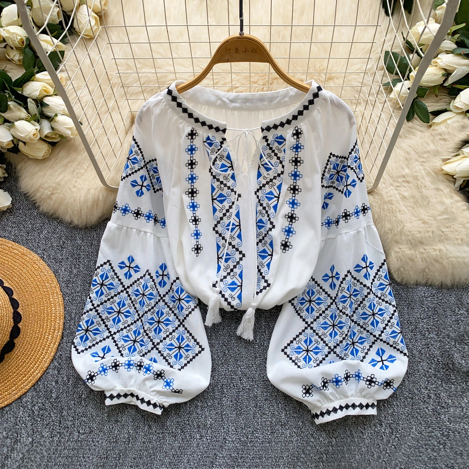 Boho Ethnische Bestickte Bluse Damen Sommer Langarm Lose Fransen-Oberteil Laternenärmel OL Hemd Damen-Top Blusa BL425