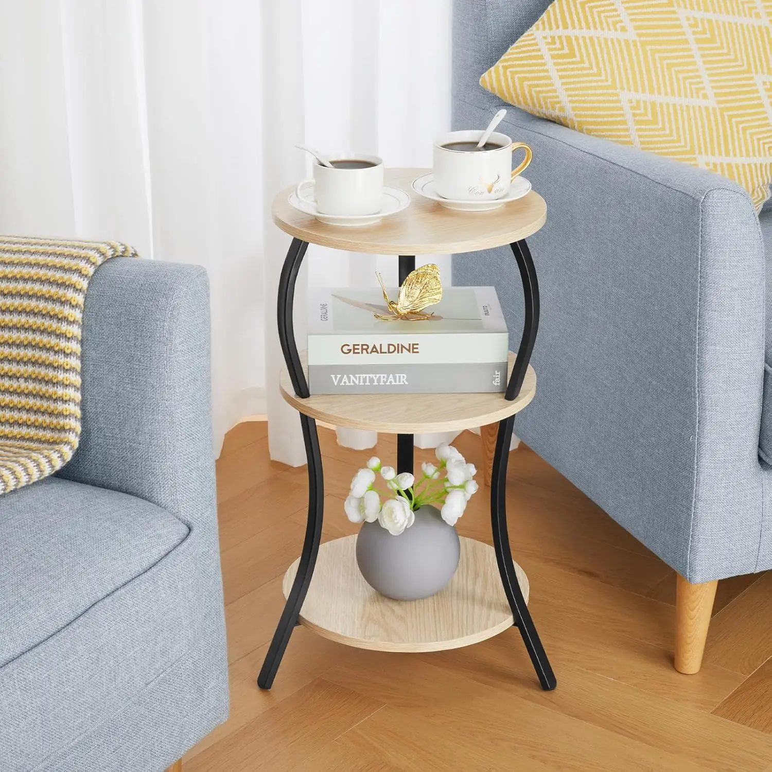 Vintage Small Round Side Table, 3-Tier Slim Waist Circular End Table with Storage Shelf, Compact Tea Sofa Side Table