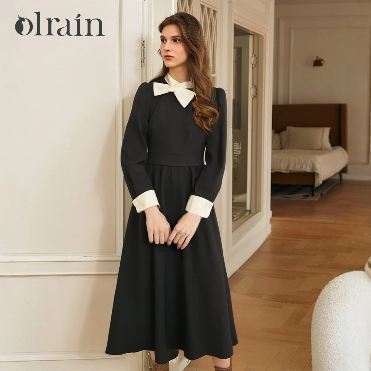 

OLrain Women's French Style Black Dress 2025 Autumn Bow Detail Patchwork X-shaped Elegant Fashion Office Lady Dress O56DL95383