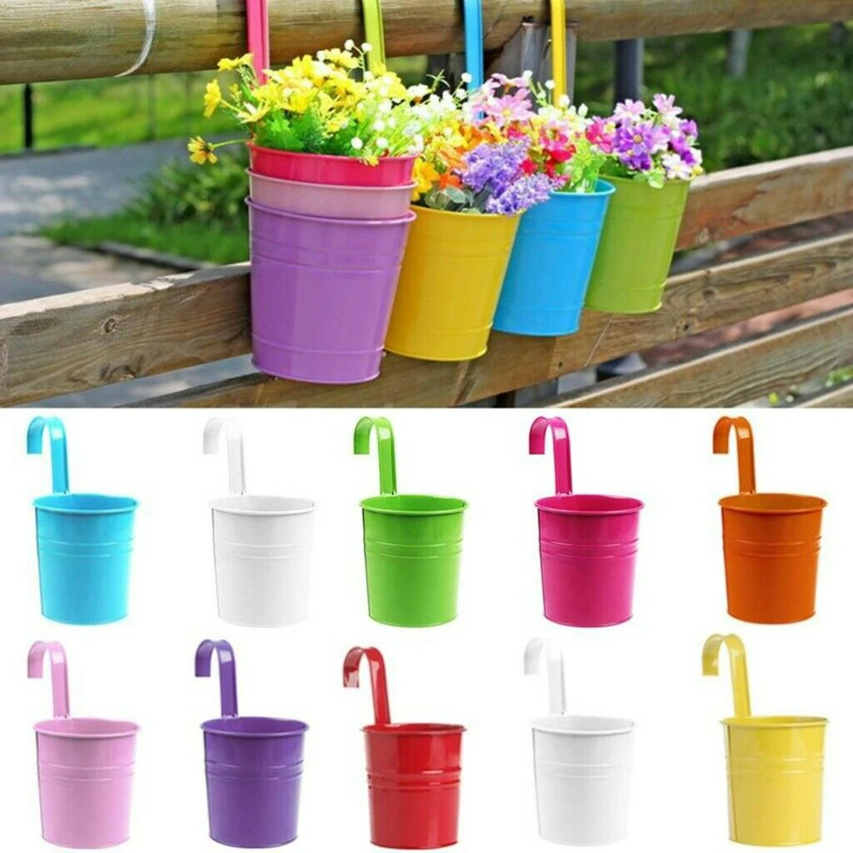 Balcony Planter Colourful Tin Hanging Bucket Tin Bucket Personalised Creative Large Planter Removable Hook Hanging Planter