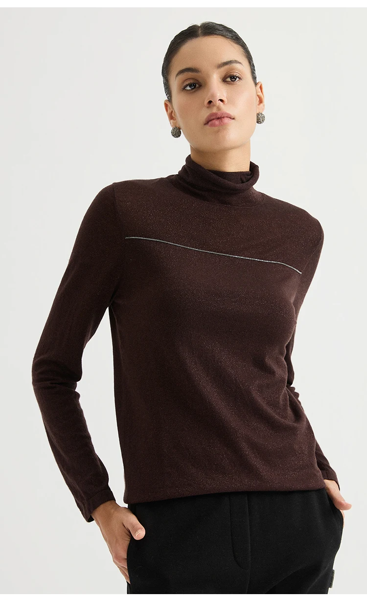 BY3621699 Damen-Pullover mit Rollkragen, Lurex-Strick, Wollmischung, Langarm, Brustnaht mit metallischem Glanz, dezenter Luxus für den Herbst – Detail 10