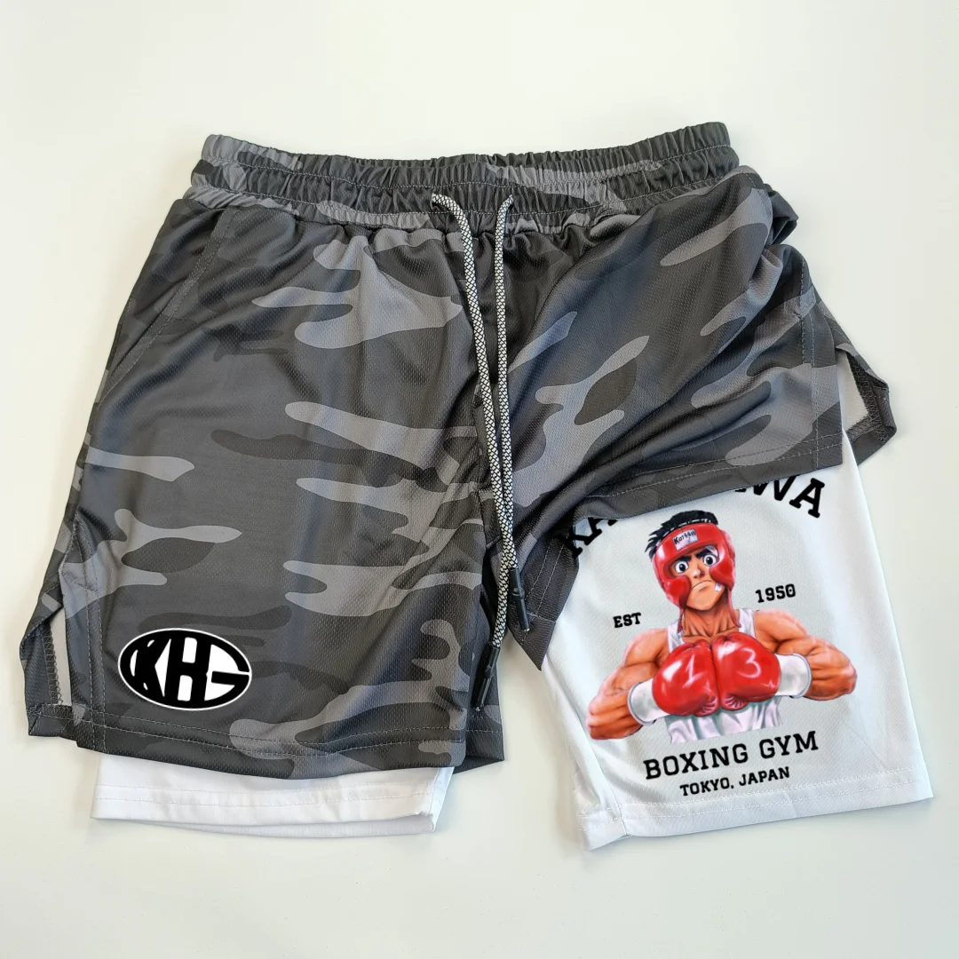 Compression Shorts Anime Hajime no Ippo 2 in 1 Performance Gym Shorts Pockets Quick Dry Running Workout Summer Sportwear