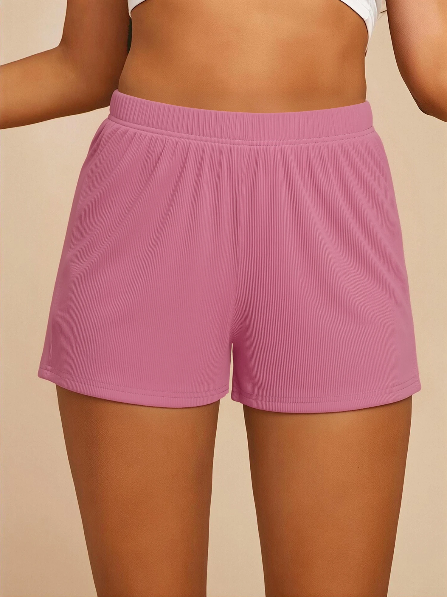 Lifestyle Influencer Spring Stretchy Ribbed Shorts, Comfort Elastic Waist Casual Bottoms for Street Hangout