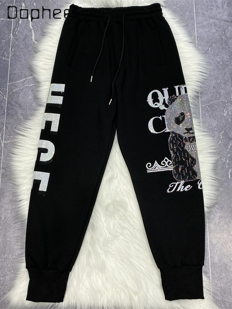 Autumn Trend High Street Hot Diamond Cartoon Casual Pants Men's and Women's Sweatpants 2024 New Black Panda Sweatpants