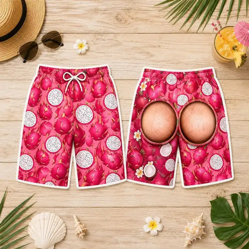 Funny Pitaya Dragon Fruit Print Beach Shorts Drawstring Elastic Waist Quick Dry Novelty 3D Graphic Swim Trunks Surf Board Shorts