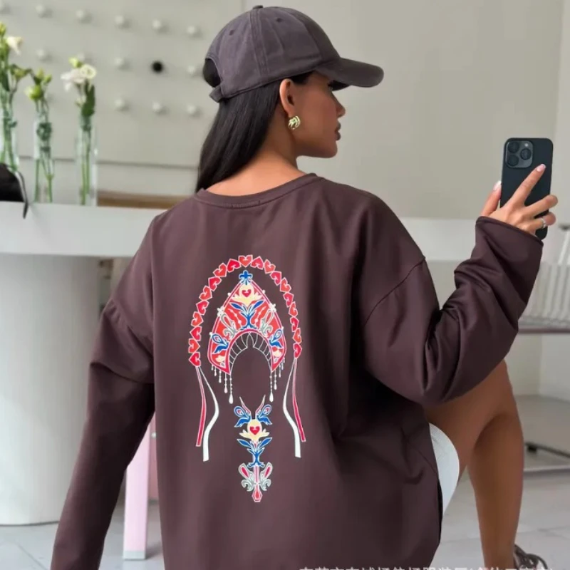 Vintage Ethnic Ornate Crown Totem Art100% Cotton Long Sleeve Tee, Women Oversized Crew Neck Boho Tribal Aesthetic Casual T Shirt