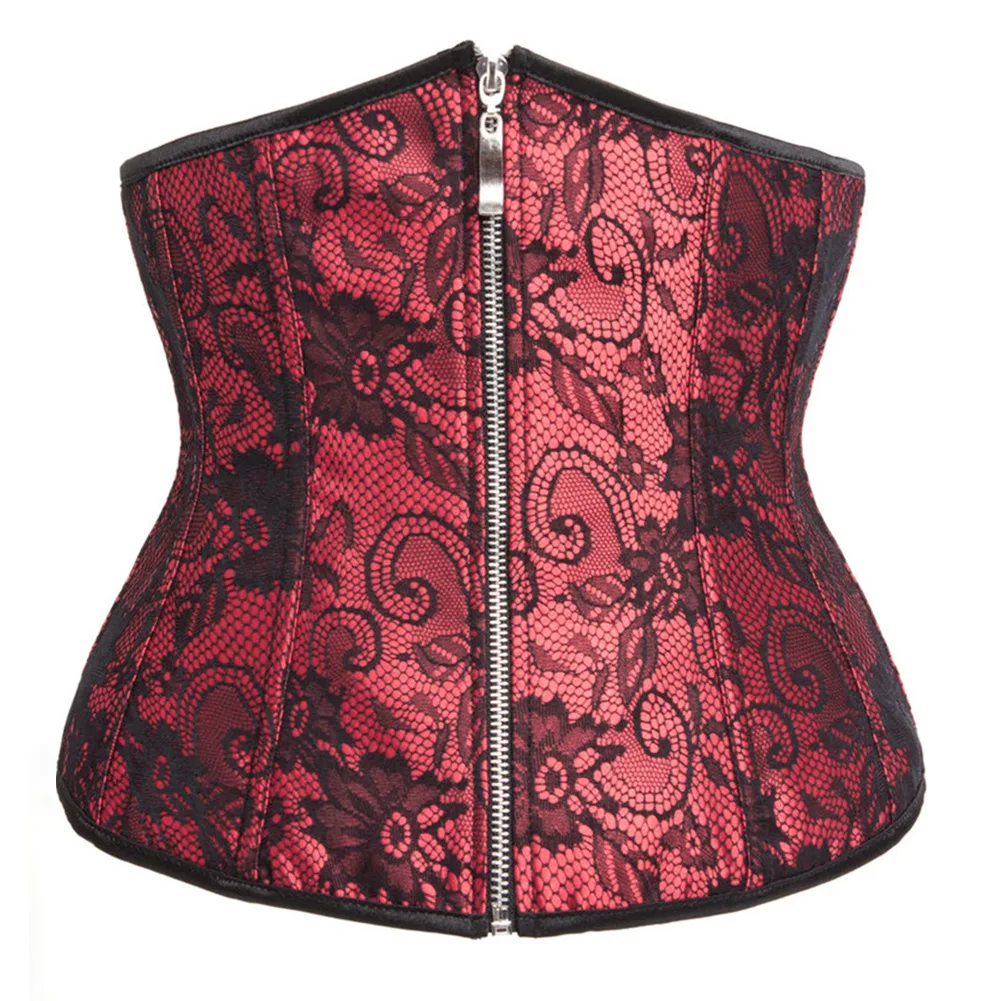 Red & Black Floral Lace Zipper Victorian Underbust Corset Sexy Women Waist Trainer Body Shaper Tummy Slimming Gothic Bustier Top