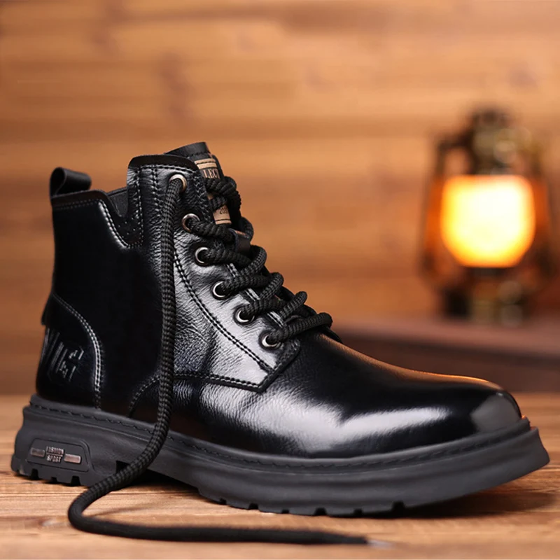 

Spring Autumn Genuine Leather Shoes Mens Fashion Boots Brand Male Single Ankle Boots Black Brown Non-slip Thick Sole DX581