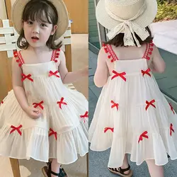 2024 New Elegant Floral Sling Girls Summer Sweet Sleeveless Dress Baby Kids Red Bow Princess Dresses Children Party Clothes 2-8Y