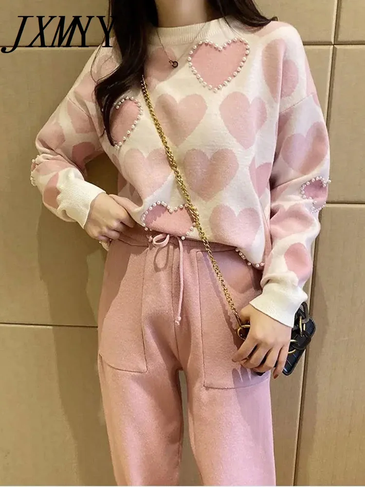 JXMYY-Love Printed Knitted Two-Piece Suit for Women, Long Sleeve Sweater, Tops and Solid Colors, Casual Pants, Female Fashion