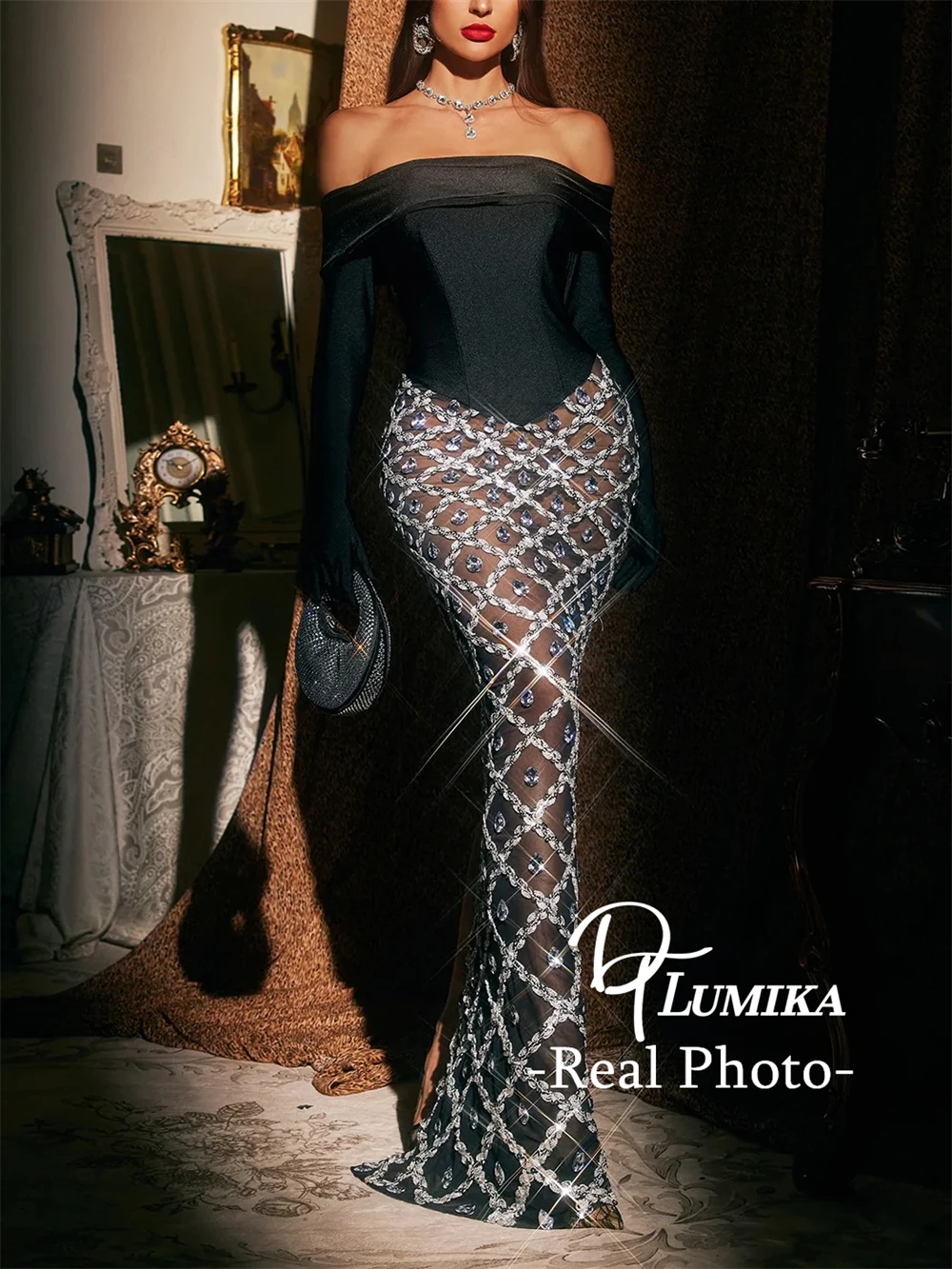 

DTLumika - Off Shoulder Crystals Long Evening Dresses for Women 2026 Sheath Mermaid Prom Dress Elegant Black Party Gowns