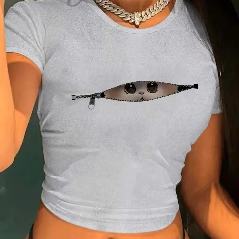 Funny Kawaii Cat Eyes Print Cropped T Shirt Cute Kitten Sexy Crop Tops Graphic Y2k T-shirt Gothic Vintage Clothes 90s