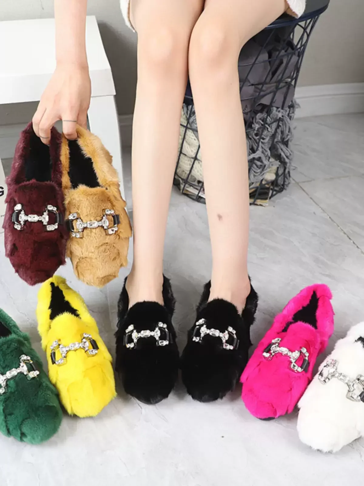 Womens Real Mink Fur Loafers Rhinestones Crystal Furry Flats Shoes Round Toe Warm Winter Snow 7Colors New 2024