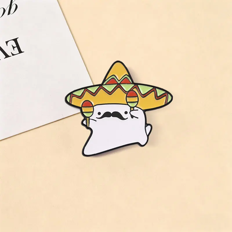 Mexican Straw Hat Sand Hammer Shaped Brooch Enamel Pin Cute Festival Wearing Backpack Clothes Badge Jewelry Gift for Friends
