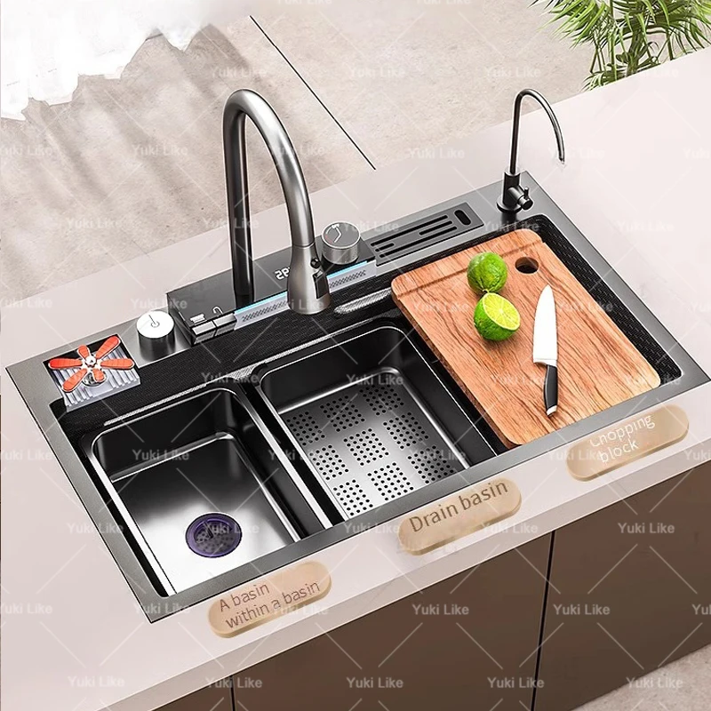 Stainless Steel Waterfall Kitchen Sink Embossed Large Single Slot Digital Display Multifunctional Dish Washbasin Left Side Drain