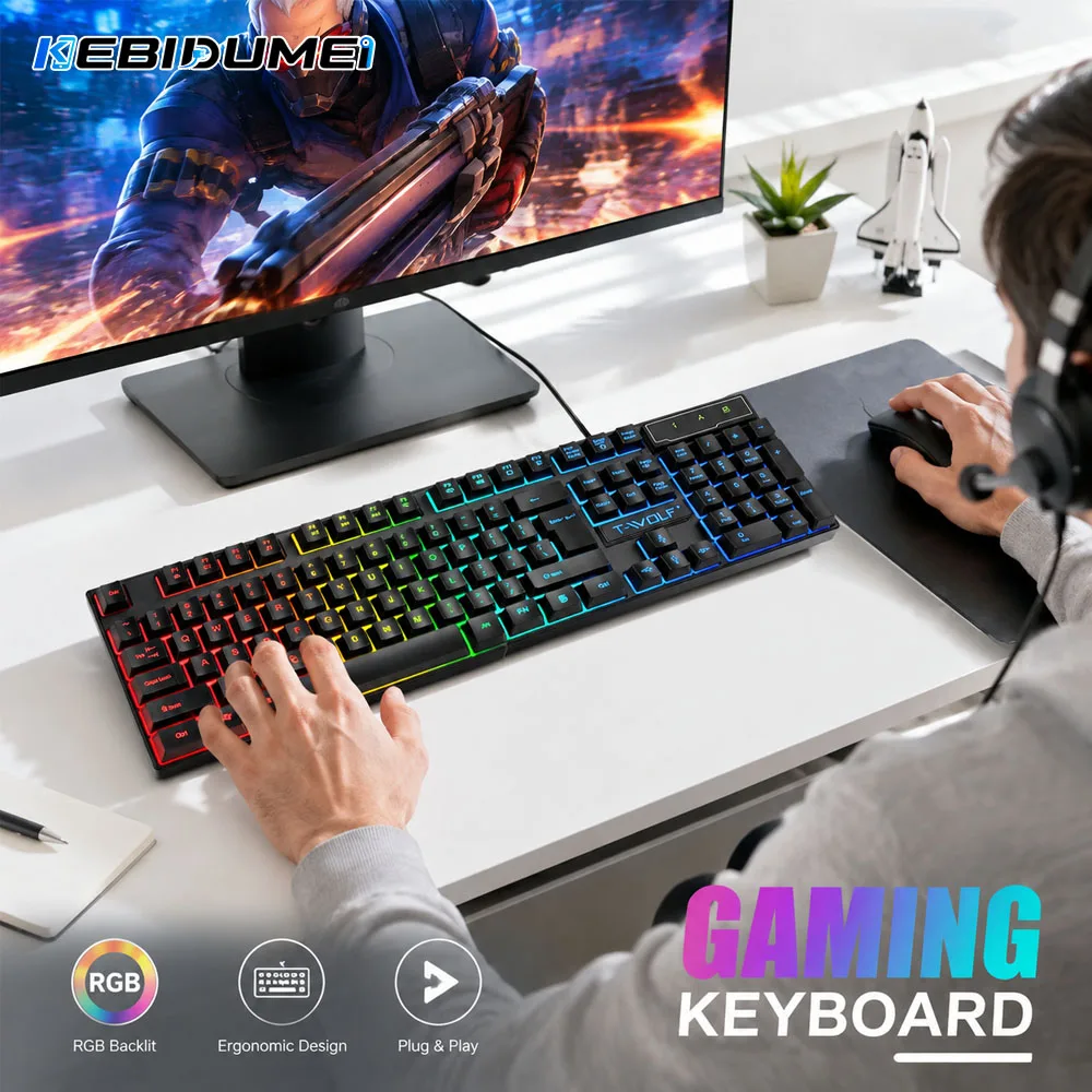 KEBIDUMEI 104Keys Wired Keyboard RGB Backlit Gaming Keyboard Mouse Mechanical Keyboard For Laptop Android Windows