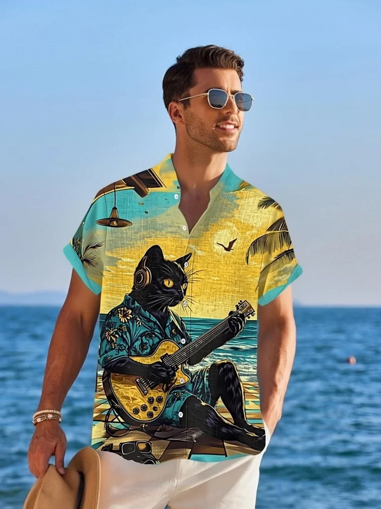 

Men's Plus Size Summer Tunics Vintage Seaside Black Cat Playing The Guitar Print Short Sleeve Shirt Oversized Stand Collar Tops