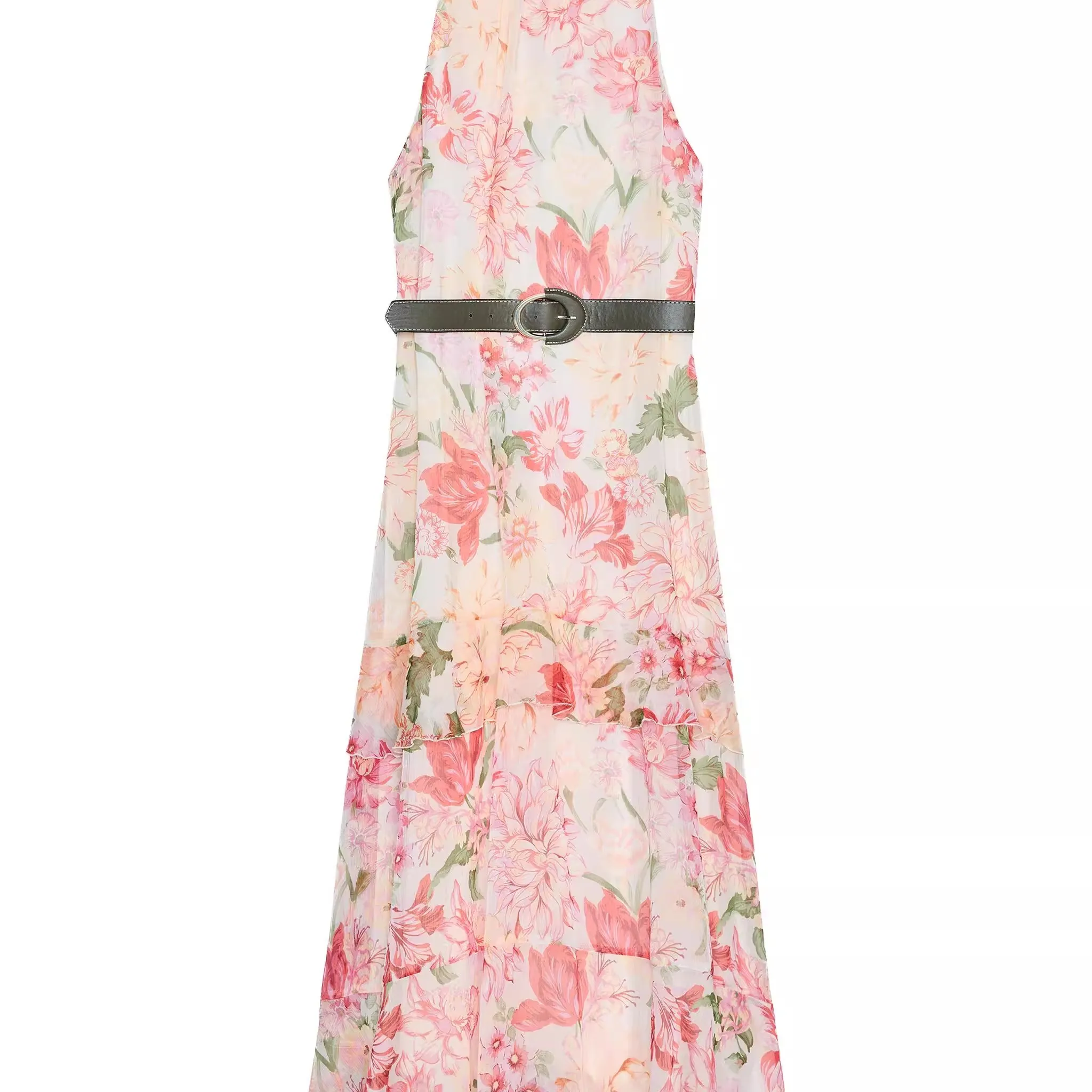 E cintura alta impro maxi vestido sem mangas gola em camadas decoração nova coleção de verão moda fena  kiss