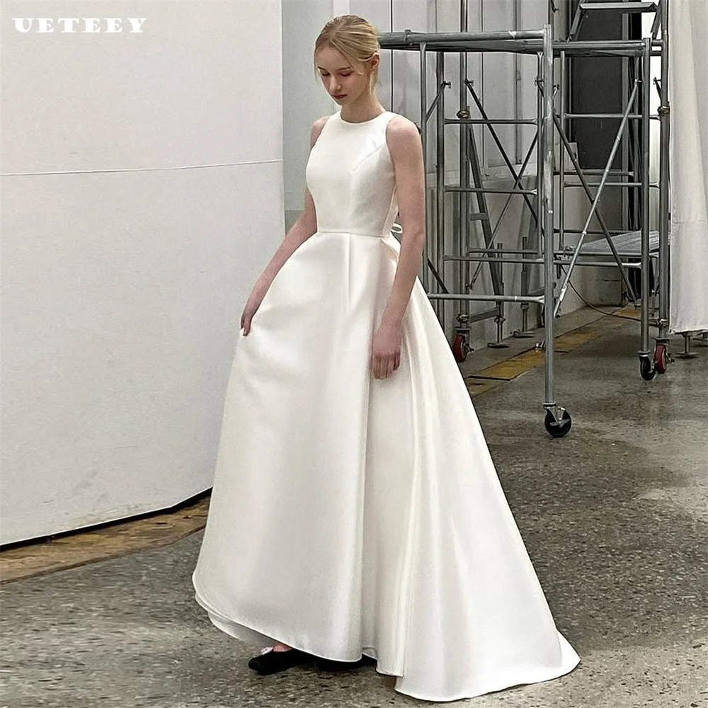 

UETEEY Customized Satin Simple Sleeveless A Line Wedding Dress For Women Lace Up Back Floor Length Bridal Gown vestidos de novia