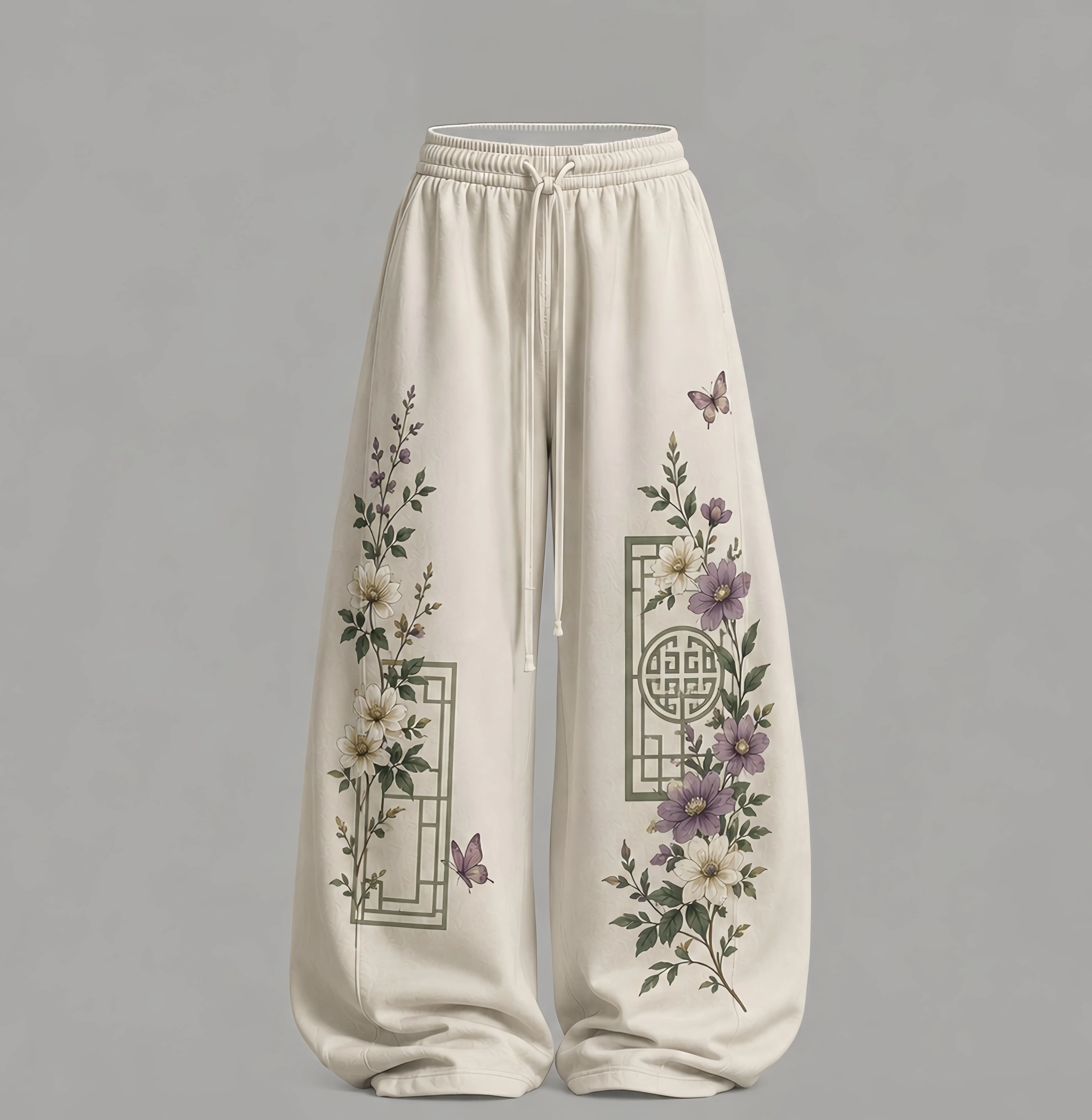 2026 Neue Y2K Hellbeige Blumenmuster-Fensterglas-Blumen-Schmetterling Ästhetischer Druck Elastischer Bund Lose Streetwear Weite Beine Freizeithose – Detail 4