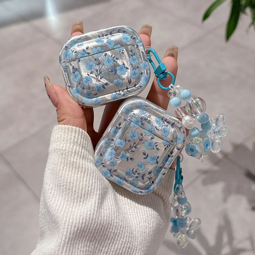 Fresh Blue Flower Case For Apple Airpods 4 th Pro 1 2 3 Feather Texture Wireless Earphone Cover with Flowers Pendant Ornament