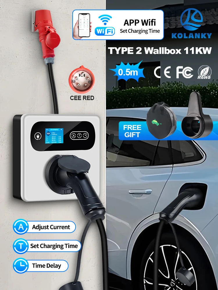 Kolanky 16A 11KW EV Charging Station With Type 2 Female Socket Cee Red To Type 2 Timer Tuya App Electric Vehicle Car Charger - afbeelding 2