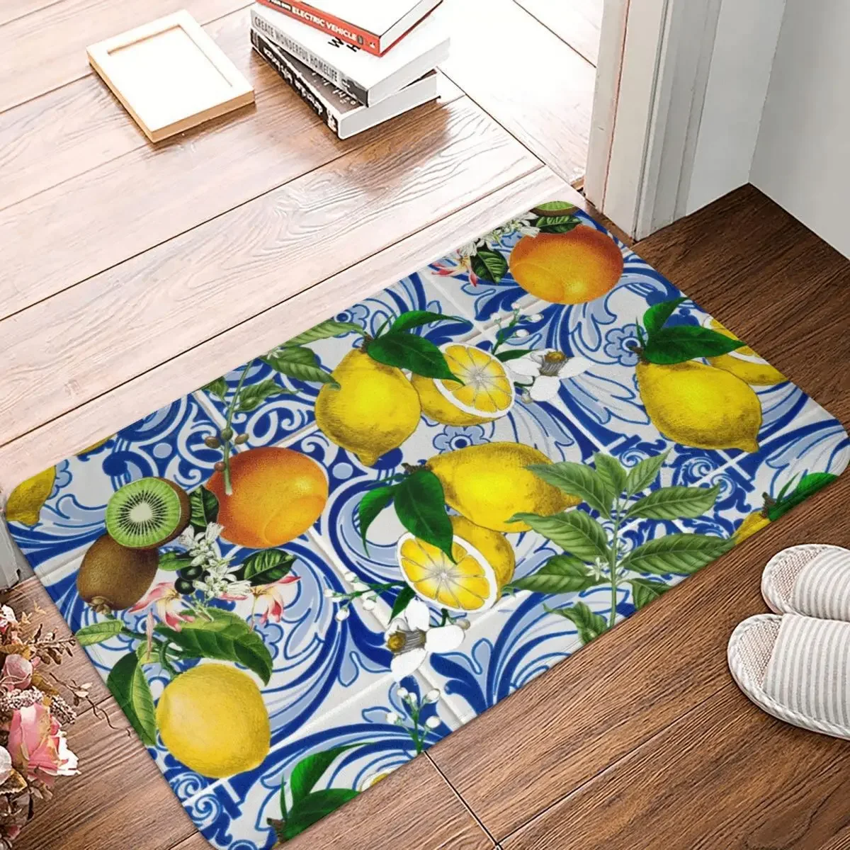 Lemon On Blue Tile Doormat Rug Carpet Mat Footpad Polyester Anti-slip Water Oil Proof Entrance Kitchen Bedroom Balcony Toilet