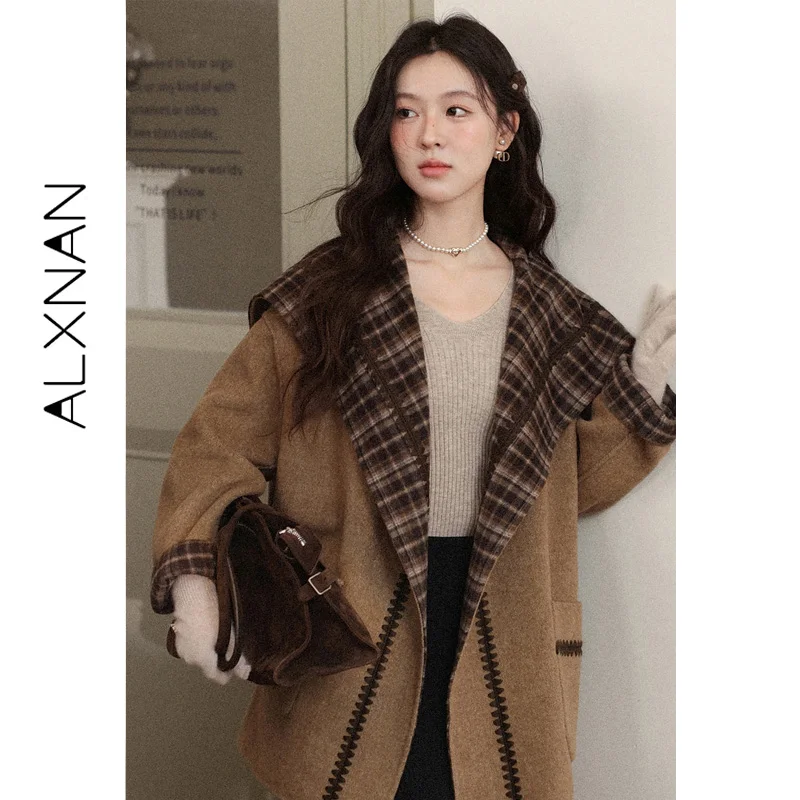 ALXNAN Women's Brown Wool Short Coat Fall Winter Loose-fit Waist Tie Belt Vintage Elegant Double Faced Female Blends L59561