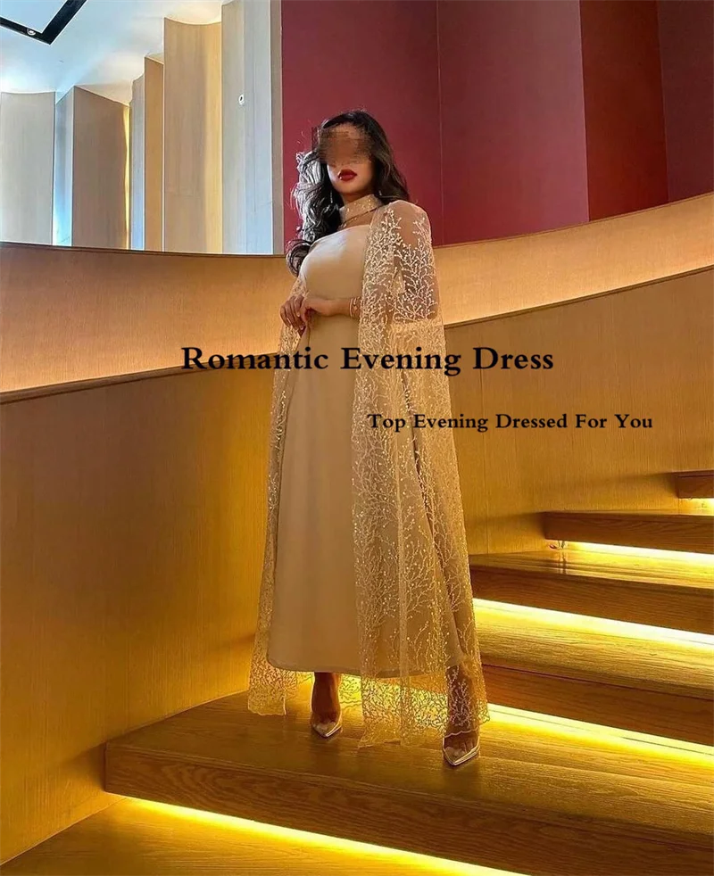 Romantic Elegant A Line Evening Dress Ankle Length Lace Collar Shawl Jacket Saudi Arbia Long Prom Gowns Special Occasion 2022