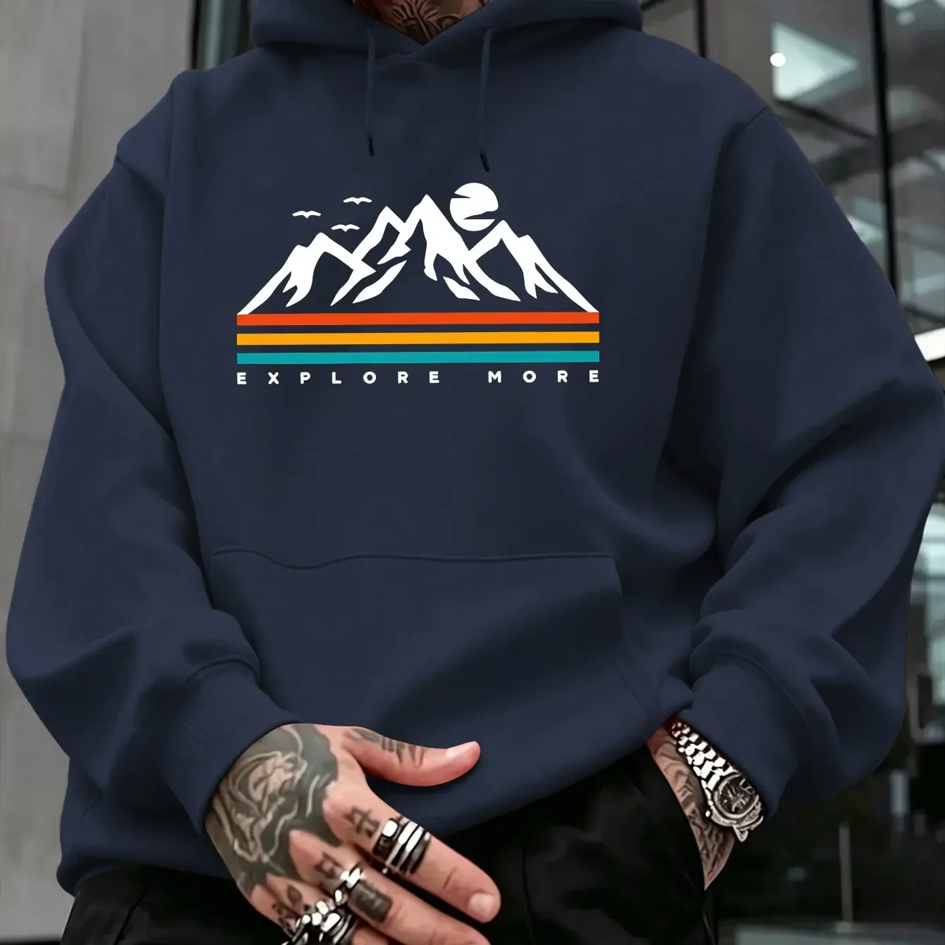 EXPLORE MORE Men'S Front-Print Hoodie American Streetwear Trendy Outfit Niche Individual Men'S Top Quirky Cartoon Hip-Hop Style
