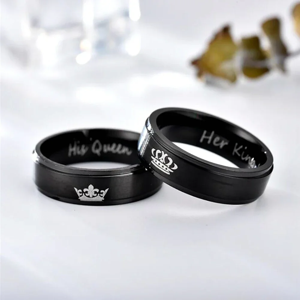 6mm Stainless Steel Black Crown Ring for Couples - His Queen Her King Fashion Jewelry for Anniversary And Valentine's Day