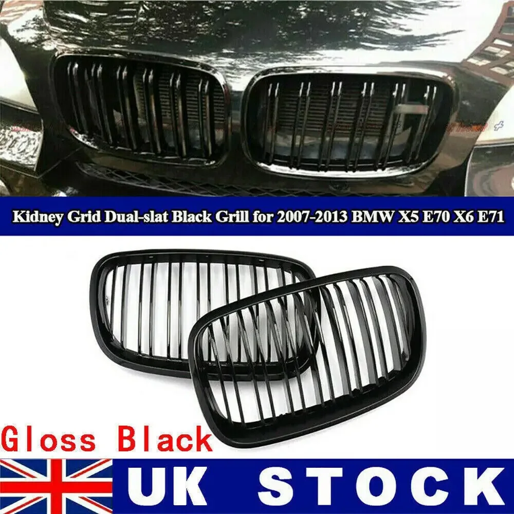 For BMW X5 E70 X6 E71 2008-13 Gloss Black Double Slat Front Bumper Kidney Grille