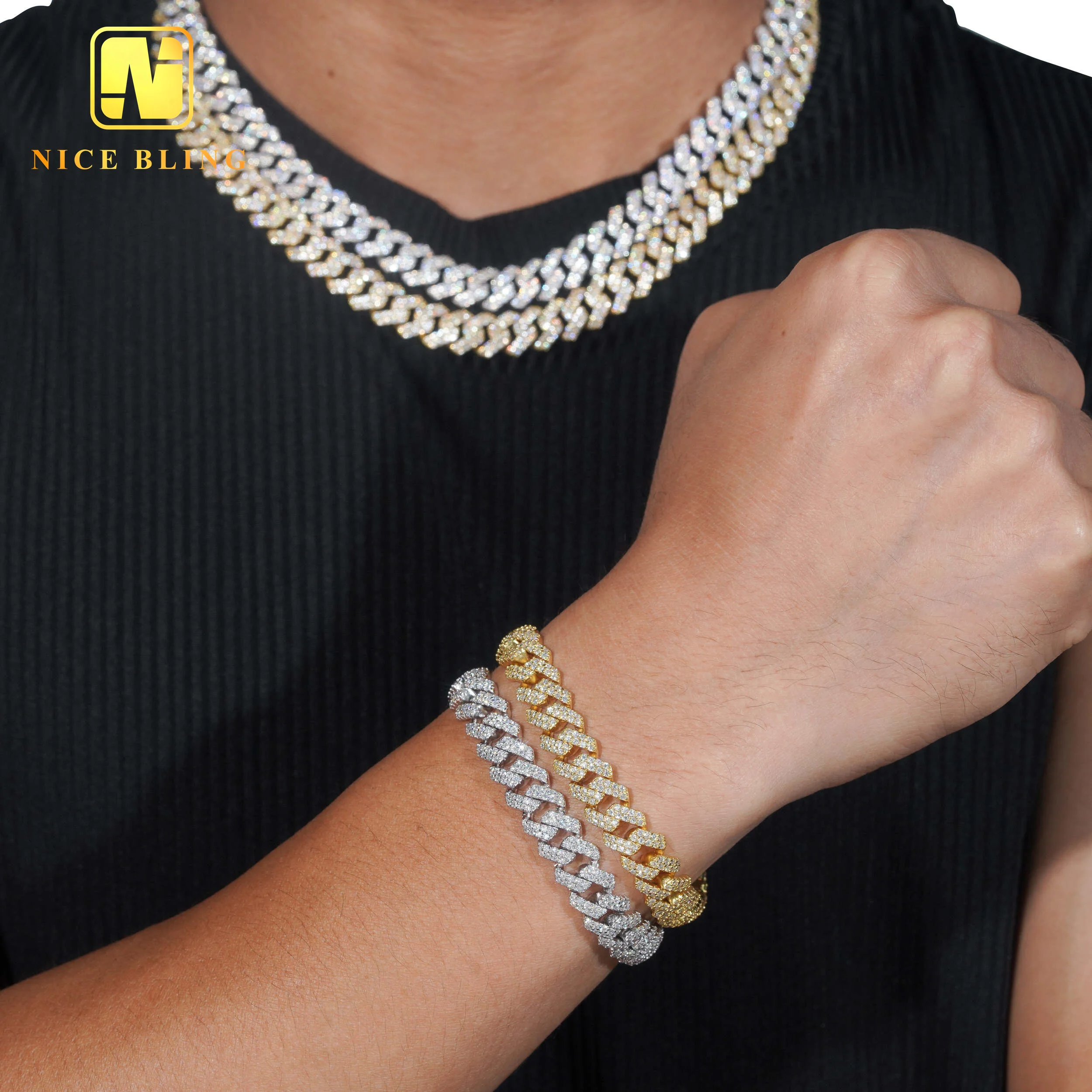 10mm Hot Sale Fine Jewelry Iced Out Diamond Cuban Link Chain Hip Hop Jewelry VVS Moissanite Bracelet Necklace for Men.