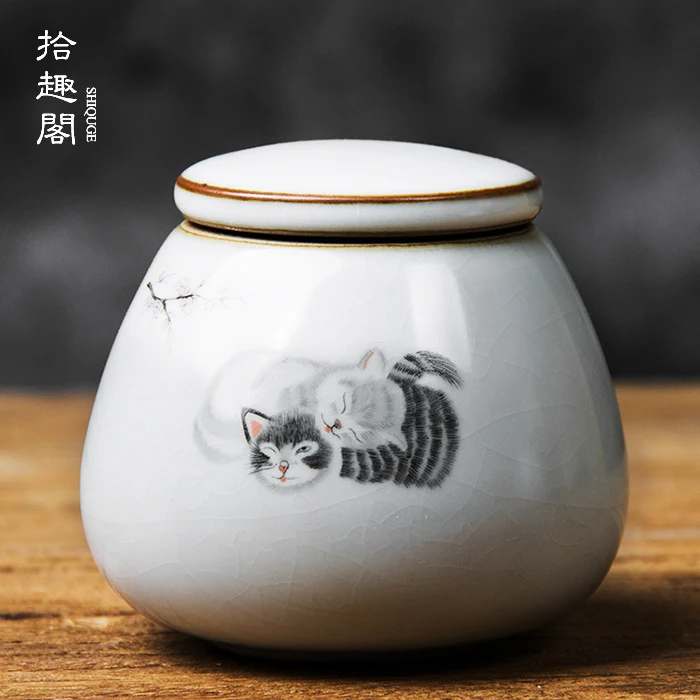 

Ru Kiln Tea Jar Small Opening Ceramic Sealed Portable Handmade Household Storage Kung Fu Set