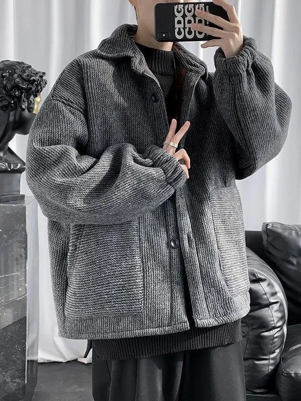 

Thiened Fce Corduroy Men's Jaet Autumn Winter Coat Casual Loose Warm Windbreaker Hooded Trendy Brand Stand Fit