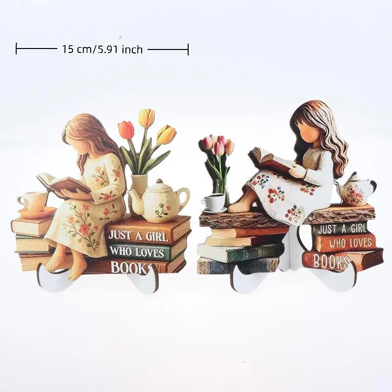 Reading Girl 2D Wooden Figurine, Creative Desktop Ornament for Study Room and Home Atmosphere Decoration