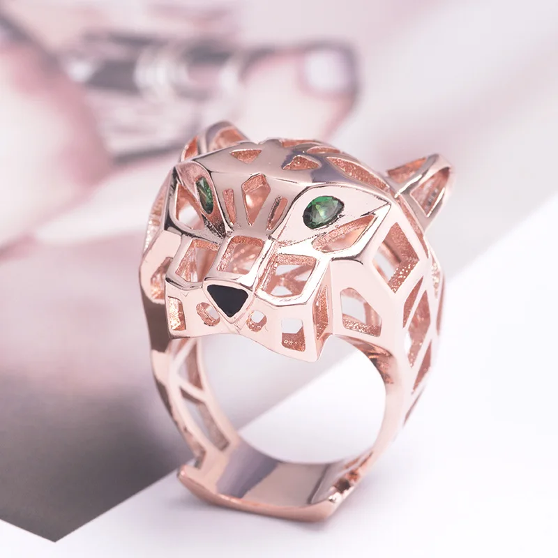 Europe America Luxury Style Men Women Lady Hollow Out Inlaid Green Zircon Eyes Leopard Head Plated Gold Color Lovers Ring