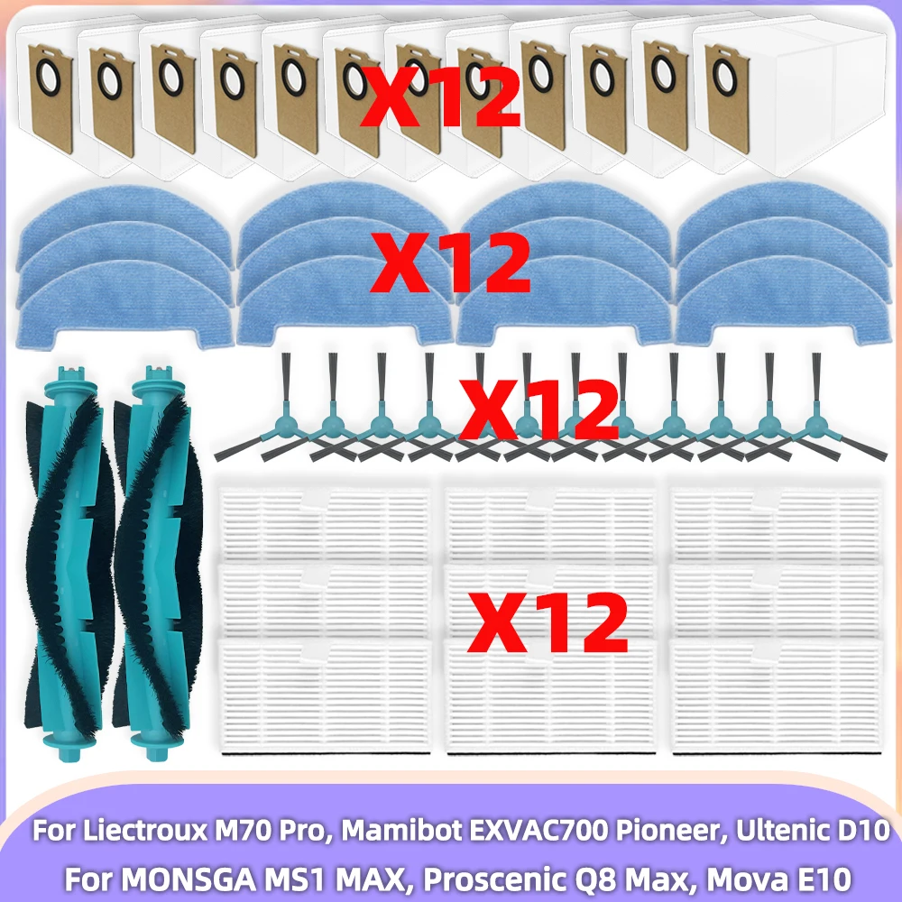 Compatible avec MONSGA MS1 MAX, Proscenic Q8 Max, Mova E10, Trouver E10, Liectroux M70 Pro, Mamibot EXVAC700 Pioneer Pièces Brosse Filtre Chiffon Sac