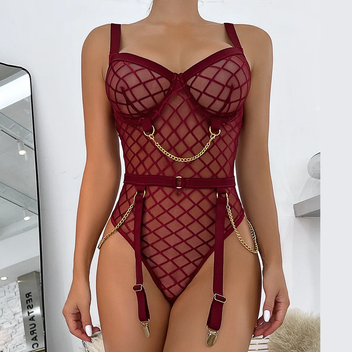 Ellolace Plaid Bodysuit Sensuele Lingerie Met Ketting Open Crotchless Teddybeer Transparant Kant Sissy Erotische Body Sexy Panty